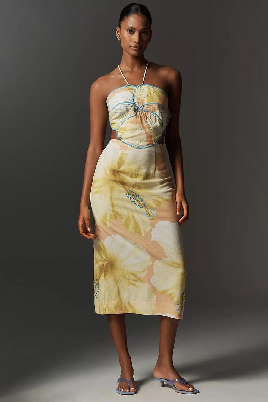 NWT Farm Rio Anthropologie Floral Printed Linen Blend Halter Midi Dress $228 XL